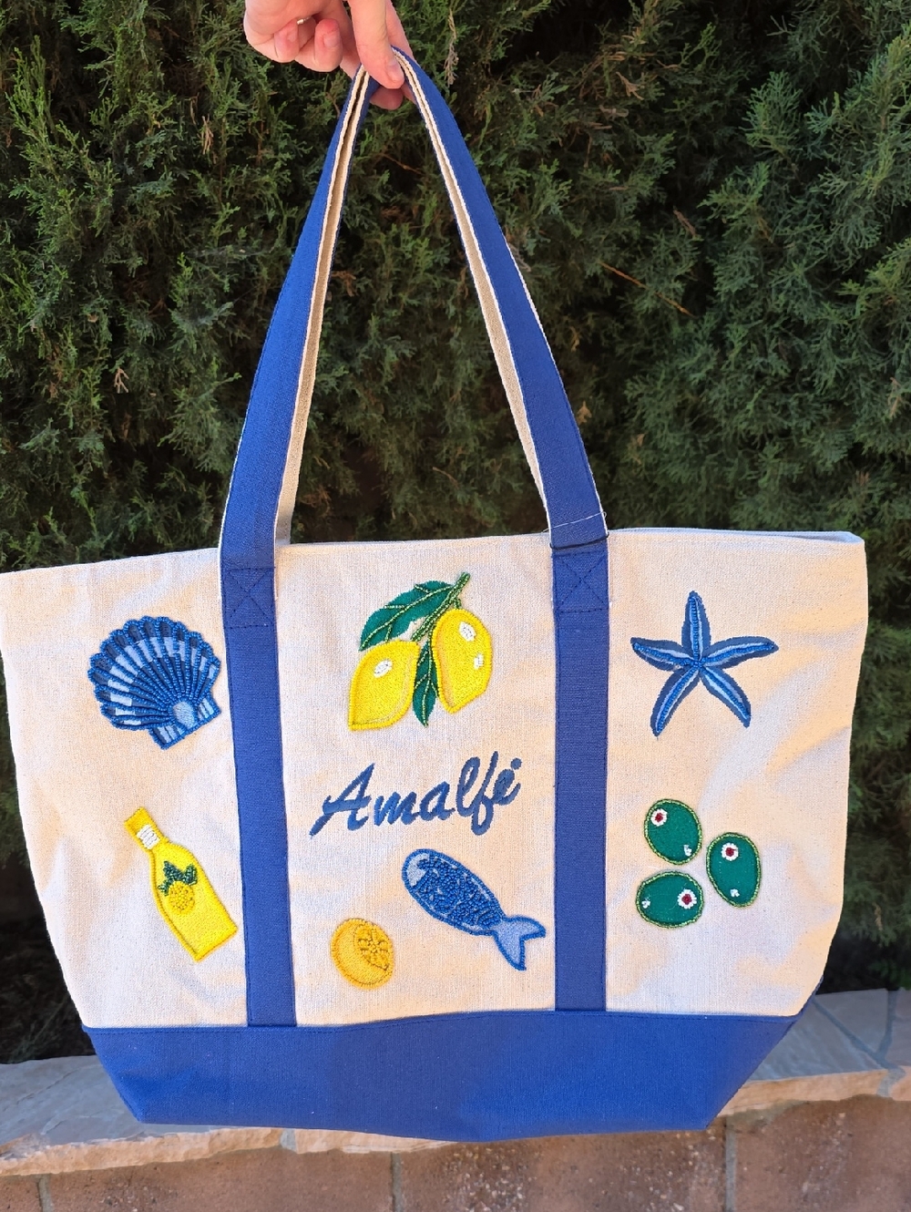 Amalfi Italy Embroidered Beaded Canvas Tote Bag with Blue Trim